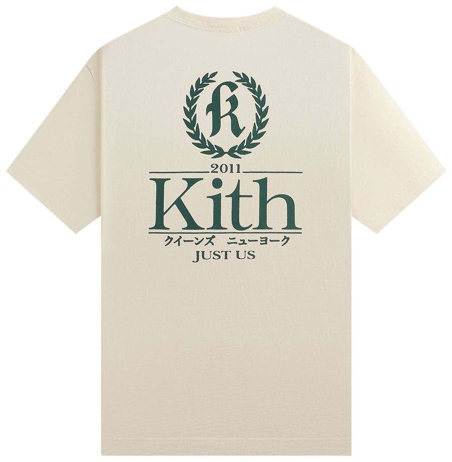 Cream Kith Insignia Vintage Tee Silk with green logo and Japanese text on back