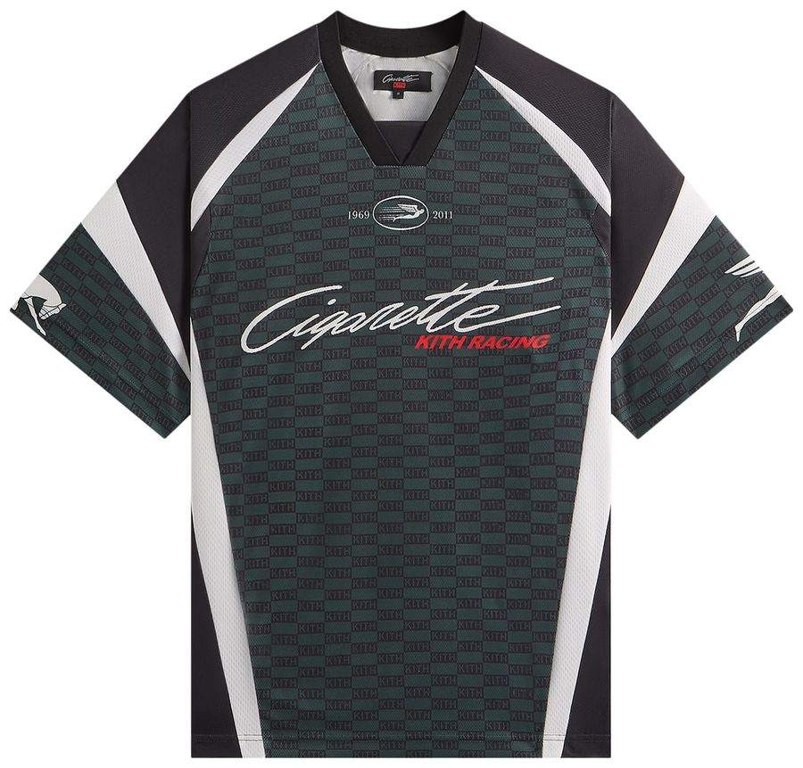 Kith x Cigarette Racing mesh jersey with black and white panels and logo print on front and sleeves