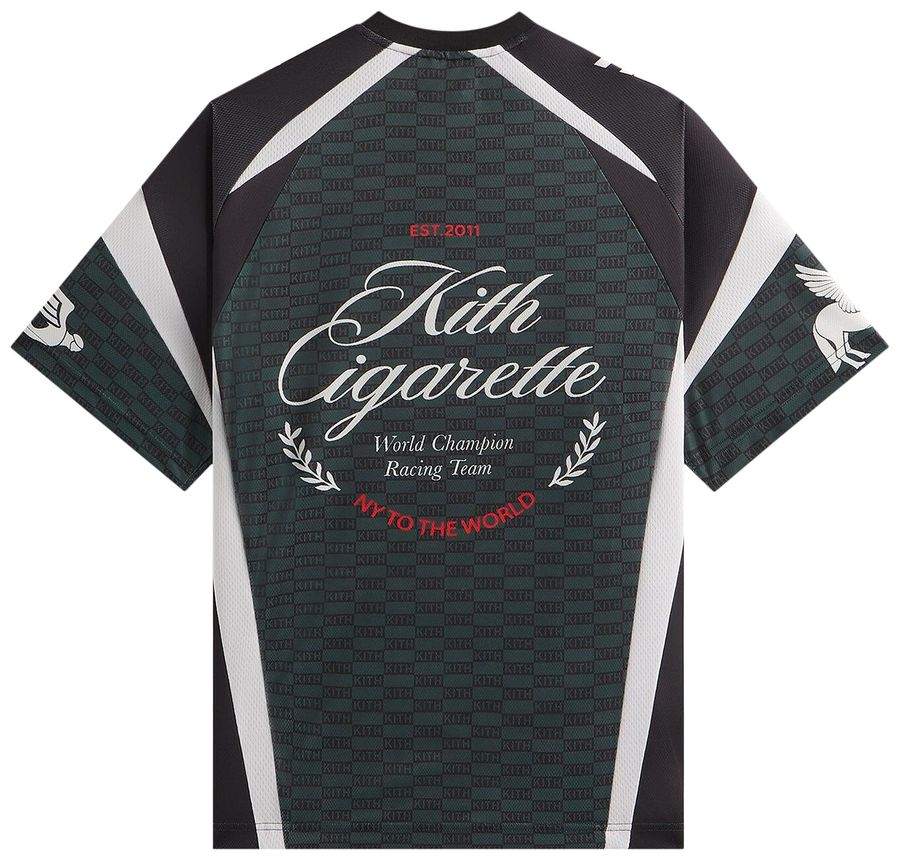Kith x Cigarette Racing black and white mesh jersey with racing team logo and graphic details