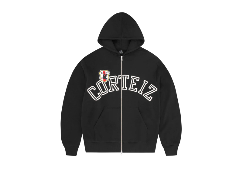 Corteiz Arch Shield black zip hoodie with front logo and shield emblem