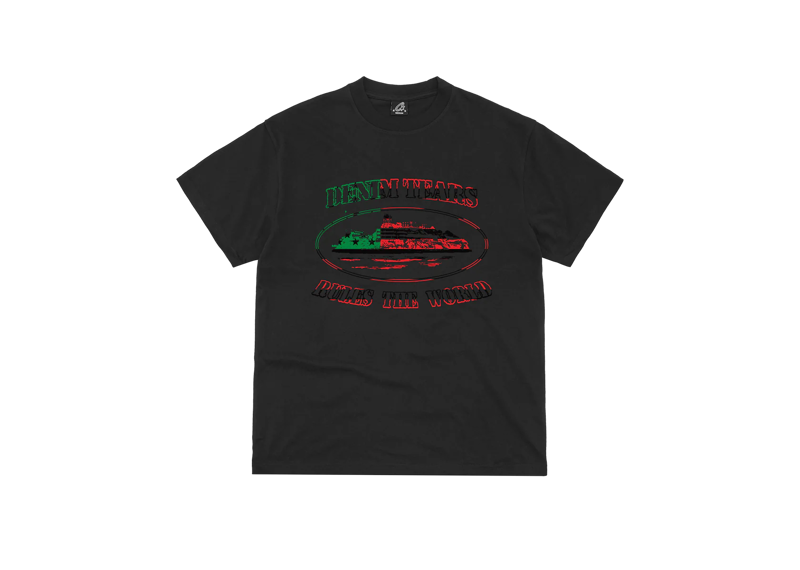 Corteiz x Denim Tears black t-shirt with red and green graphic logo design
