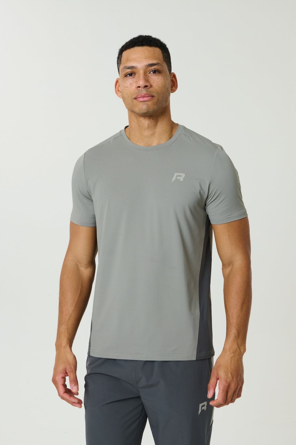 Reprimo Vortex T-Shirt in Faded Dune and Slate with ergonomic panels and lightweight fabric for performance and comfort