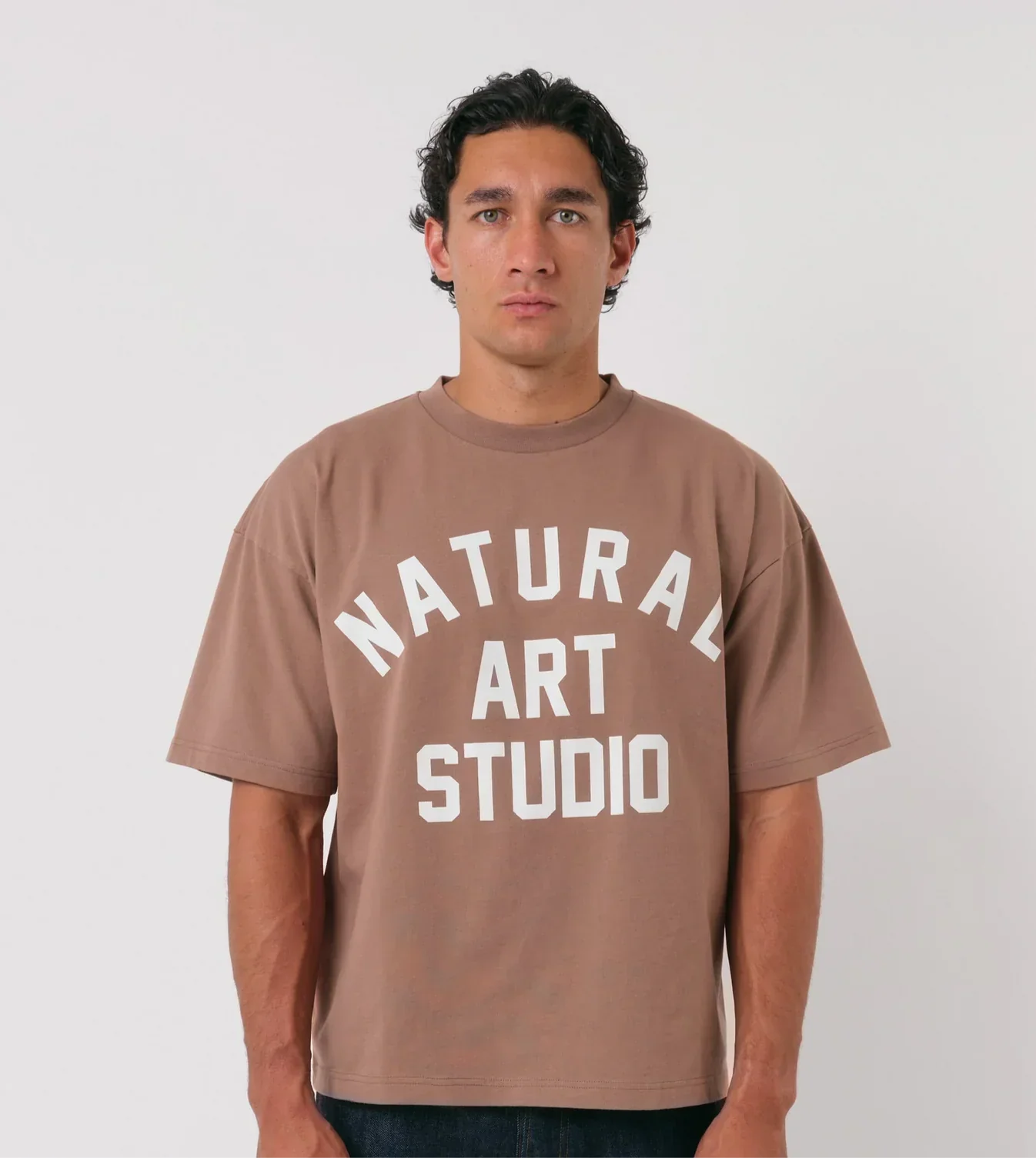 Natural Art Studio mocha tee with boxy fit and oversized drop shoulder, 100% cotton screen print front logo