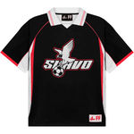 Suavo World black football jersey with white and red accents and eagle logo with soccer ball