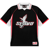 Suavo World black football jersey with white and red accents and eagle logo with soccer ball