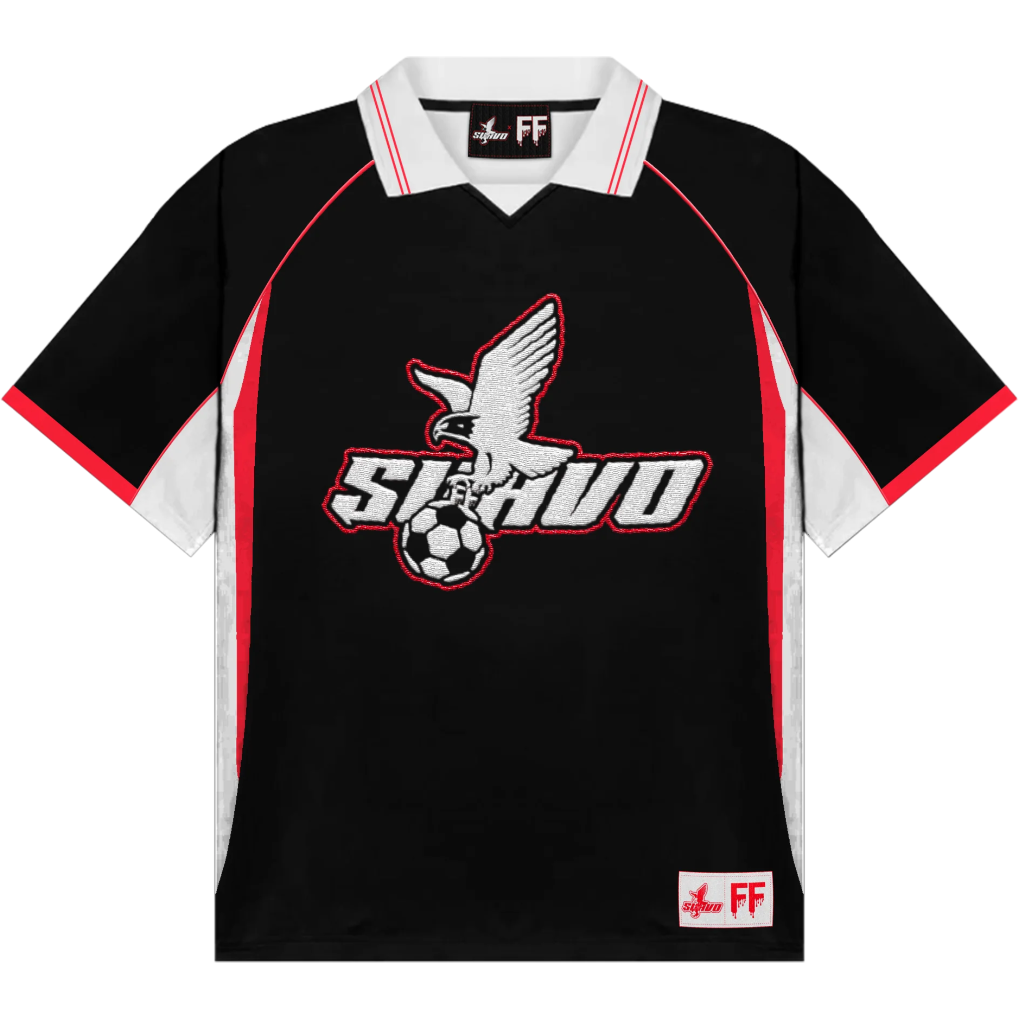 Suavo World black football jersey with white and red accents and eagle logo with soccer ball
