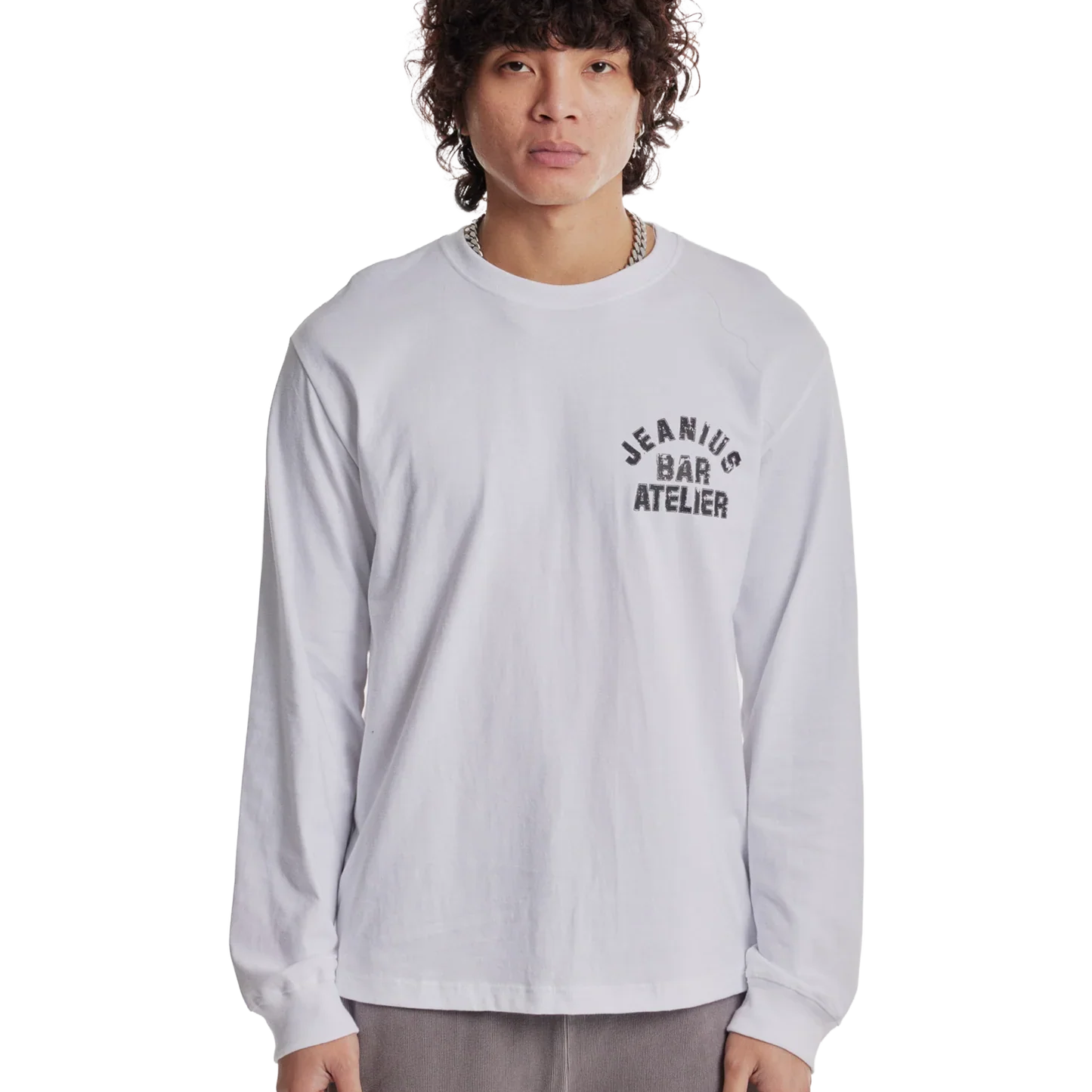 Jeanius Bar Atelier varsity long sleeve white and black t-shirt with vintage wash and relaxed fit