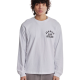 Jeanius Bar Atelier varsity long sleeve white and black t-shirt with vintage wash and relaxed fit