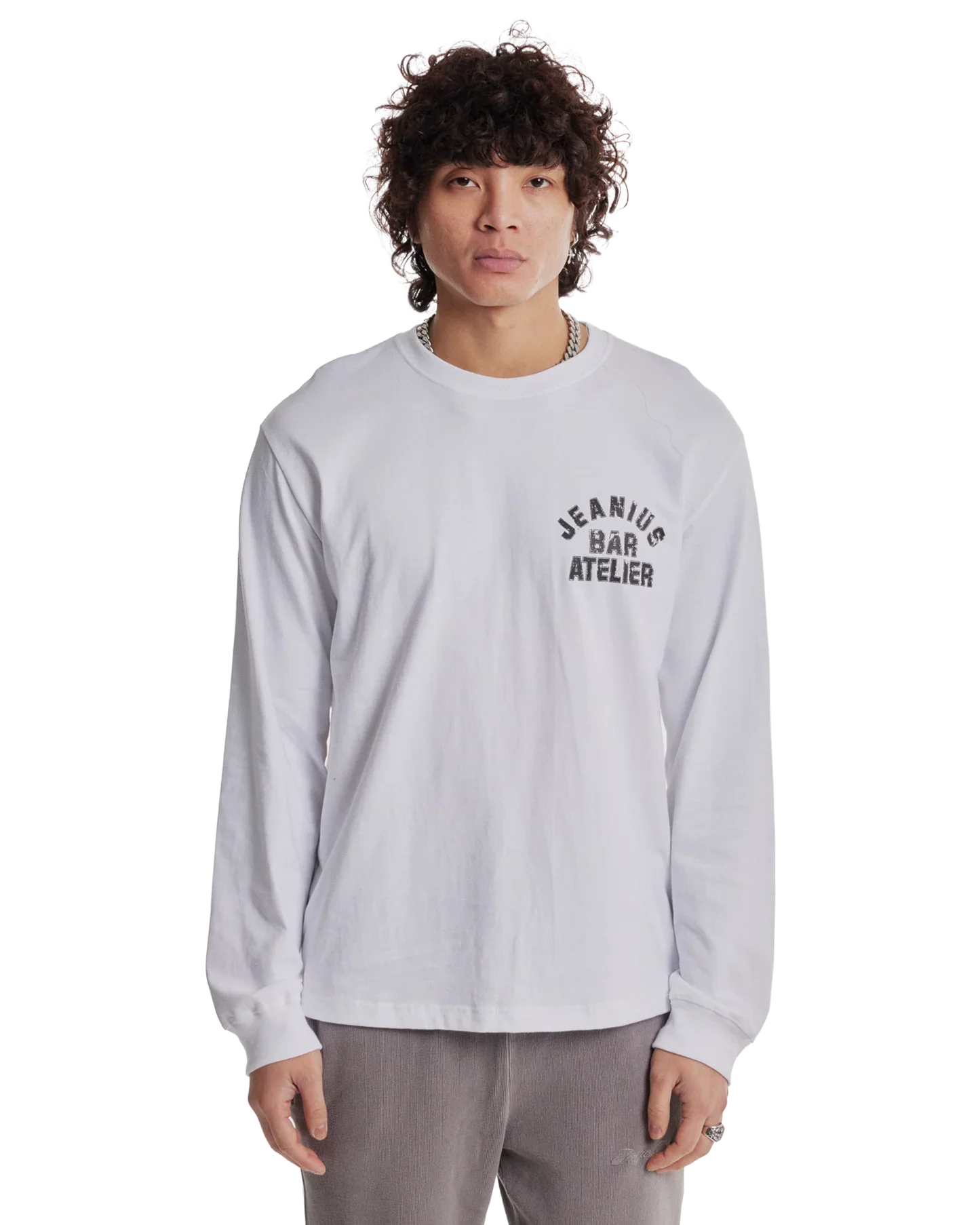 Jeanius Bar Atelier varsity long sleeve white and black t-shirt with vintage wash and relaxed fit