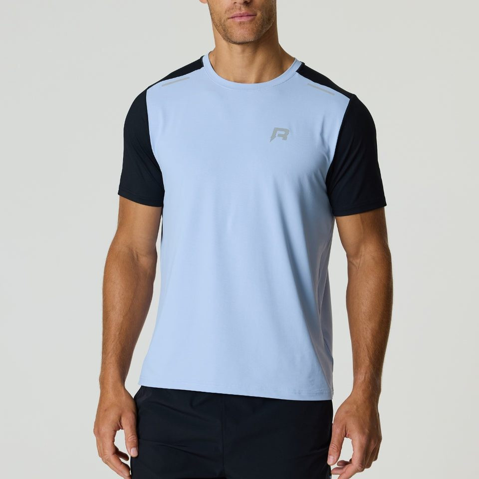Reprimo Flight T-Shirt in black and dusky sky with athletic fit, breathable fabric, and reflective strips for high-intensity workouts