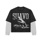 Suavo World Shark Heavy Waffle Long Sleeve Black with screen printed shark graphic and waffle knit sleeves.