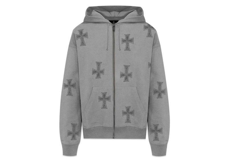 Unknown Hoodie in washed grey with rhinestone cross designs.