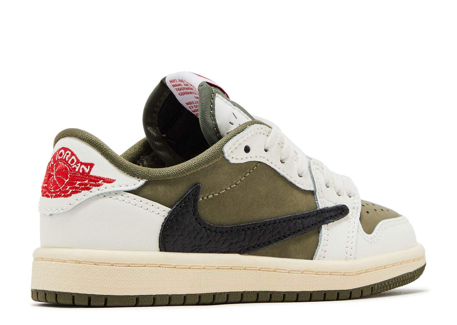 Travis Scott x Air Jordan 1 Retro Low OG SP PS sneaker in reverse olive and medium olive with black swoosh and red logo