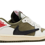 Travis Scott x Air Jordan 1 Retro Low OG SP PS sneaker in reverse olive and medium olive with black swoosh and red logo