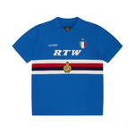 Blue Corteiz Serie A knit jersey with polo collar and RTW lettering