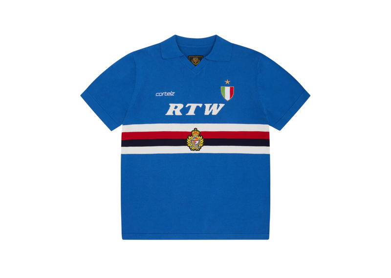 Blue Corteiz Serie A knit jersey with polo collar and RTW lettering