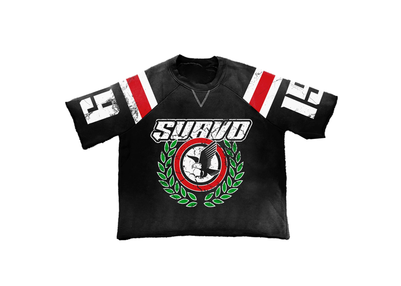 Suavo World Eagle Sweater Top with bold eagle design and striped sleeves.