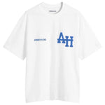 White ANNIE HOOD College T-Shirt with blue AH logo and ANNIEHOOD text on front