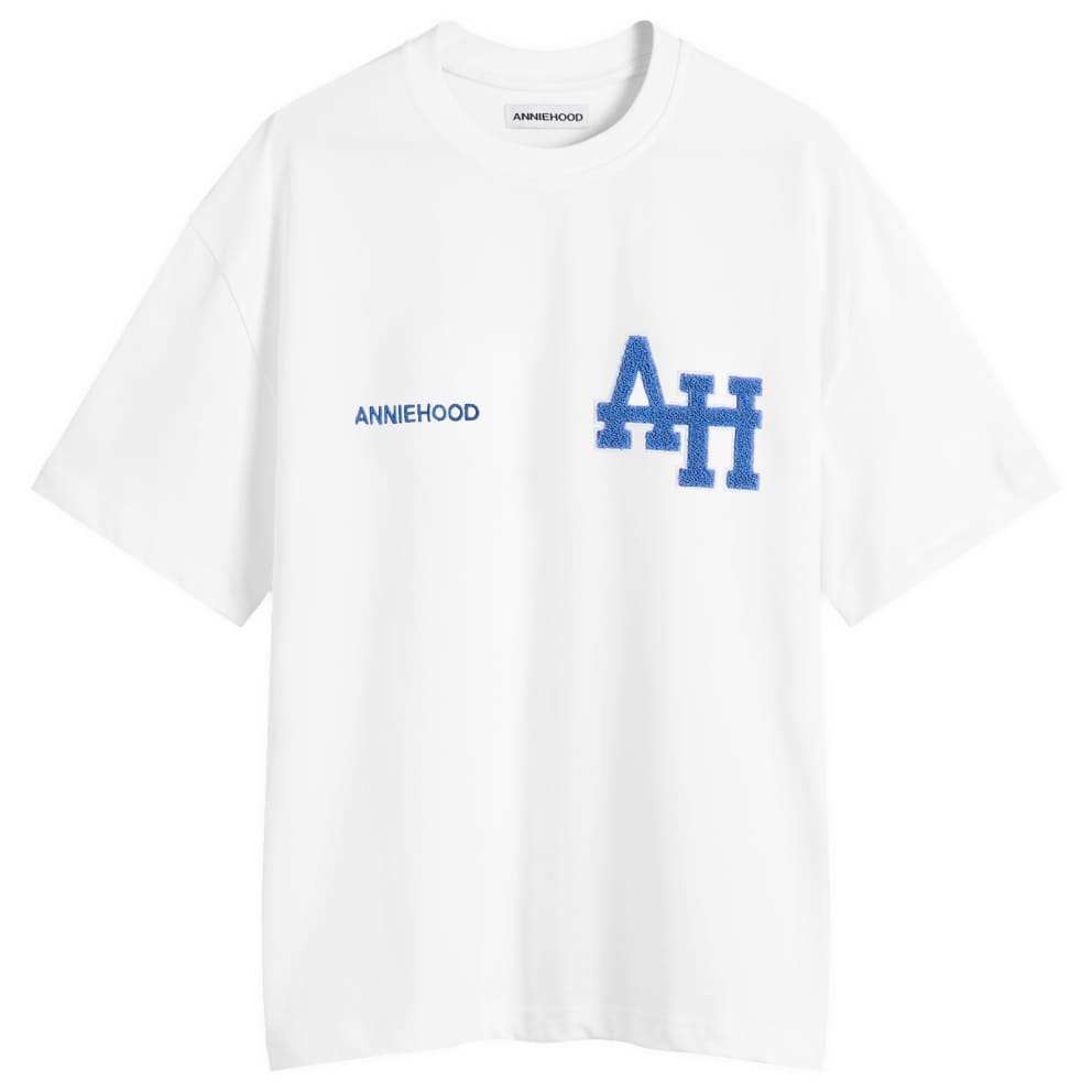 White ANNIE HOOD College T-Shirt with blue AH logo and ANNIEHOOD text on front