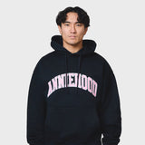 Navy ANNIE HOOD COLLEGE arch hoody in 500gsm brushback cotton with relaxed fit worn by model 6'0" 31 waist size M
