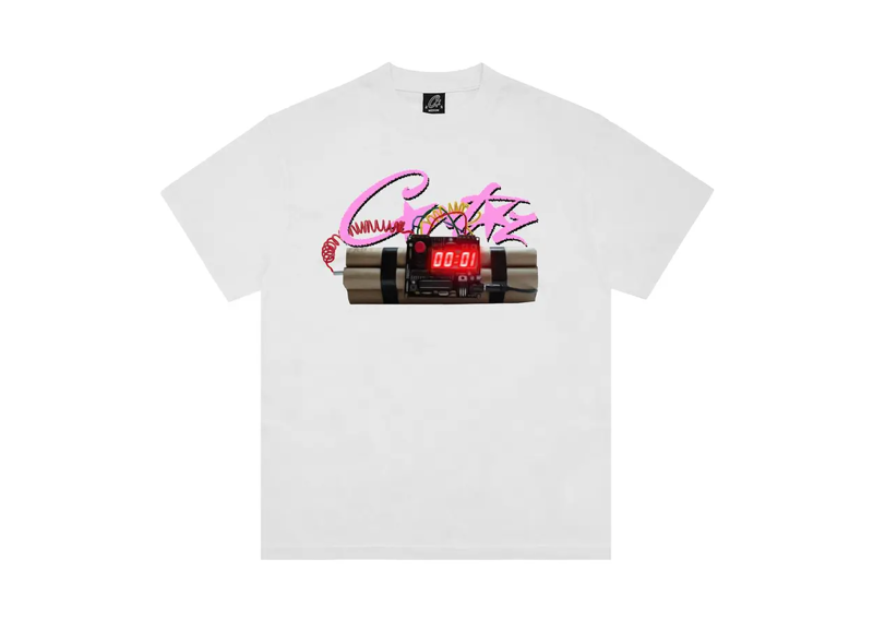 Corteiz Time Bomb Tee in white featuring a graphic of a digital timer and explosive cartoon design.