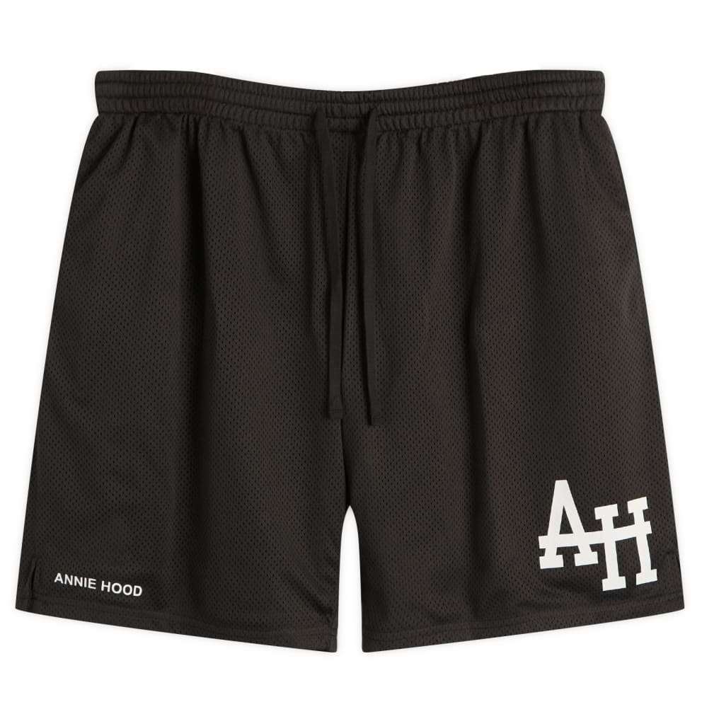 Black ANNIE HOOD mesh shorts with elastic waistband and logo print