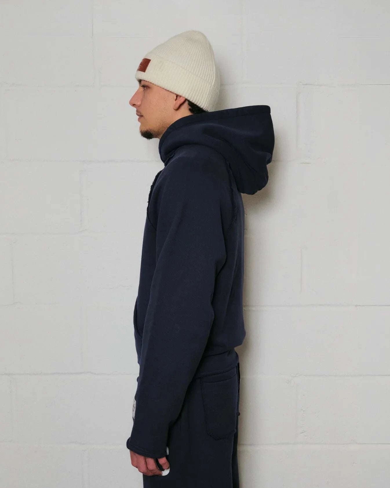 Natural Art Studio navy applique cotton sweat hoodie with boxy oversized fit and raglan seams