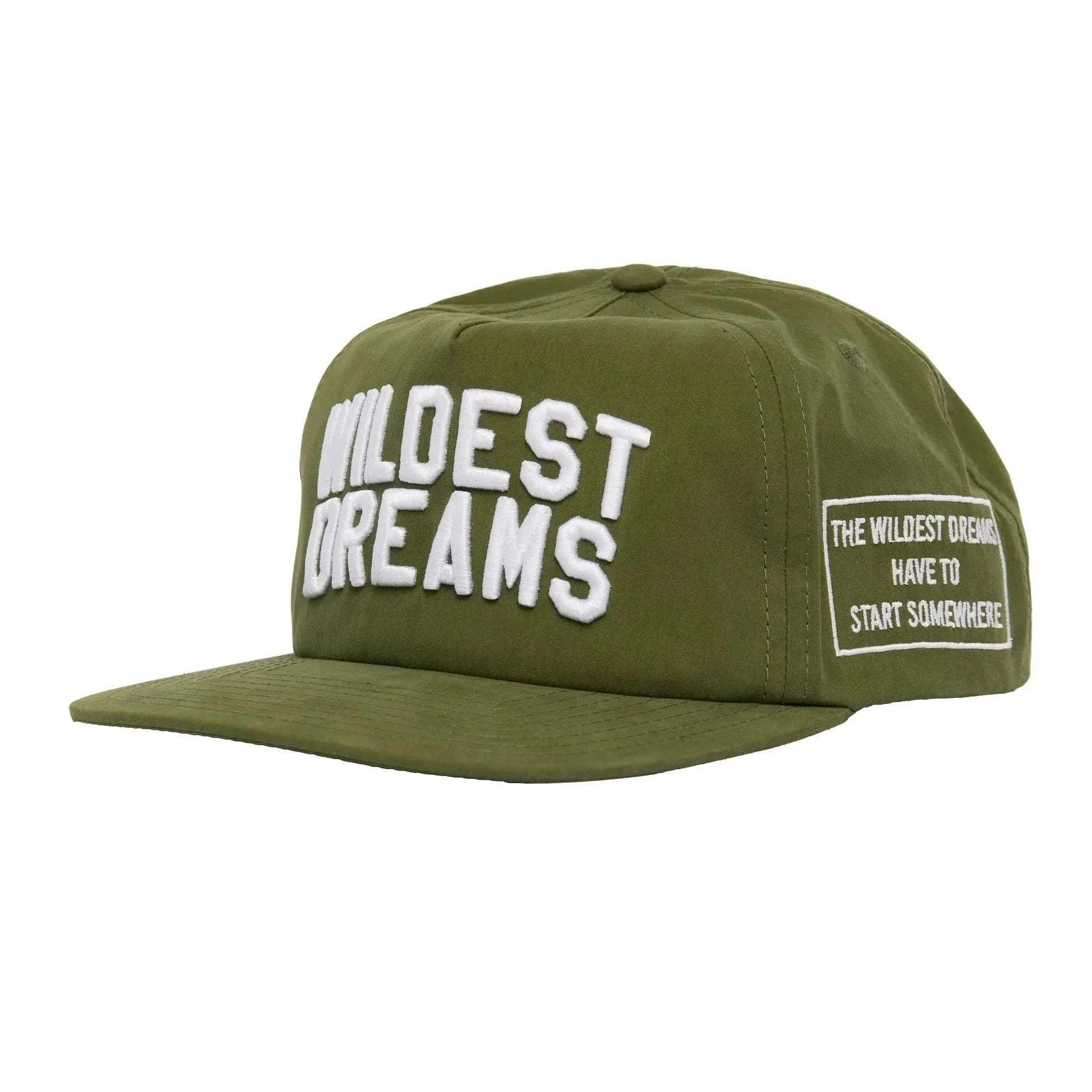 Wildest Dreams Varsity Cap in khaki with white embroidered text and side patch detailing