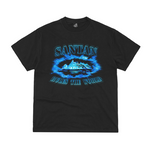 Corteiz x Santan black tee with blue flame Alcatraz design and Santan text
