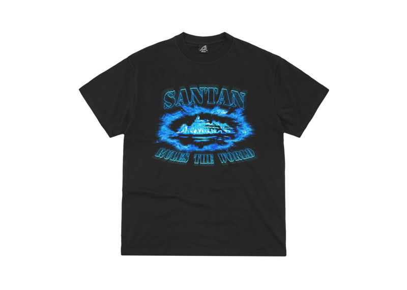 Corteiz x Santan black tee with blue flame Alcatraz design and Santan text