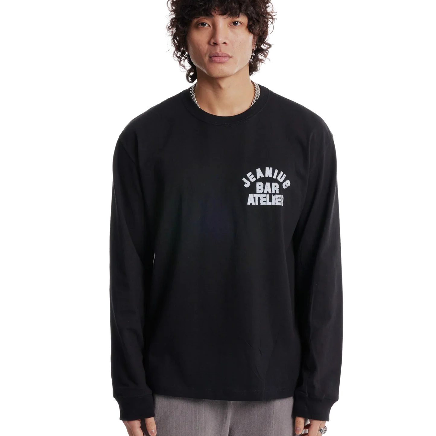 Jeanius Bar Atelier Varsity Long Sleeve black and white vintage washed t-shirt made in London with relaxed boxy fit