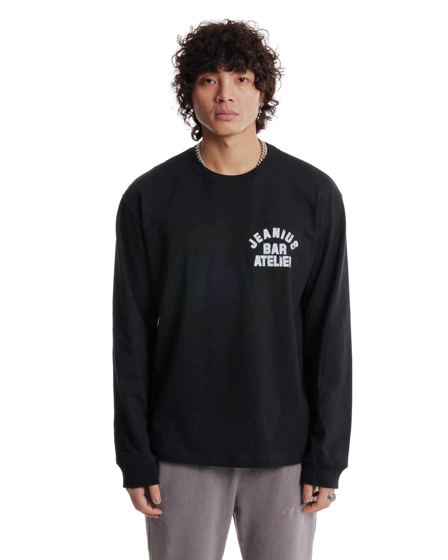 Jeanius Bar Atelier Varsity Long Sleeve black and white vintage washed t-shirt made in London with relaxed boxy fit