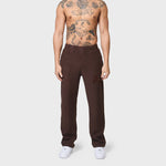 Annie Hood College Joggers in washed brown, 500gsm brushback cotton, relaxed fit worn by 6'0" model with 31 waist