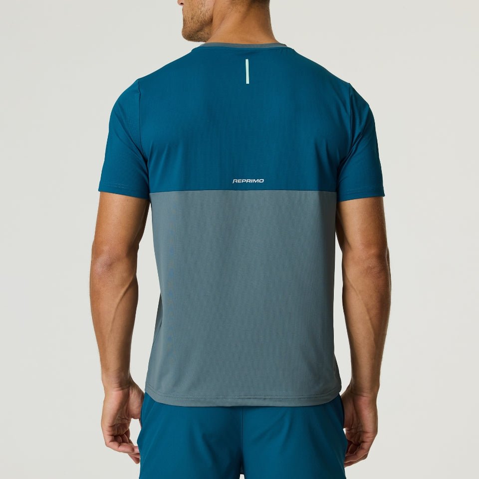 Back view of Reprimo Flight T-Shirt in tidal teal and blue steel, lightweight athletic fit with reflective strip for visibility.