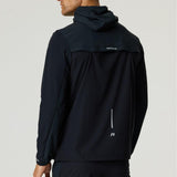 Back view of Reprimo Flight Windbreaker in black and meteorite color made from lightweight polyamide fabric with a hood and zip pockets.