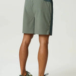 Reprimo Clima Shorts in dark moss and khaki with dual-fabric, breathable panels, and elastic waistband for active performance