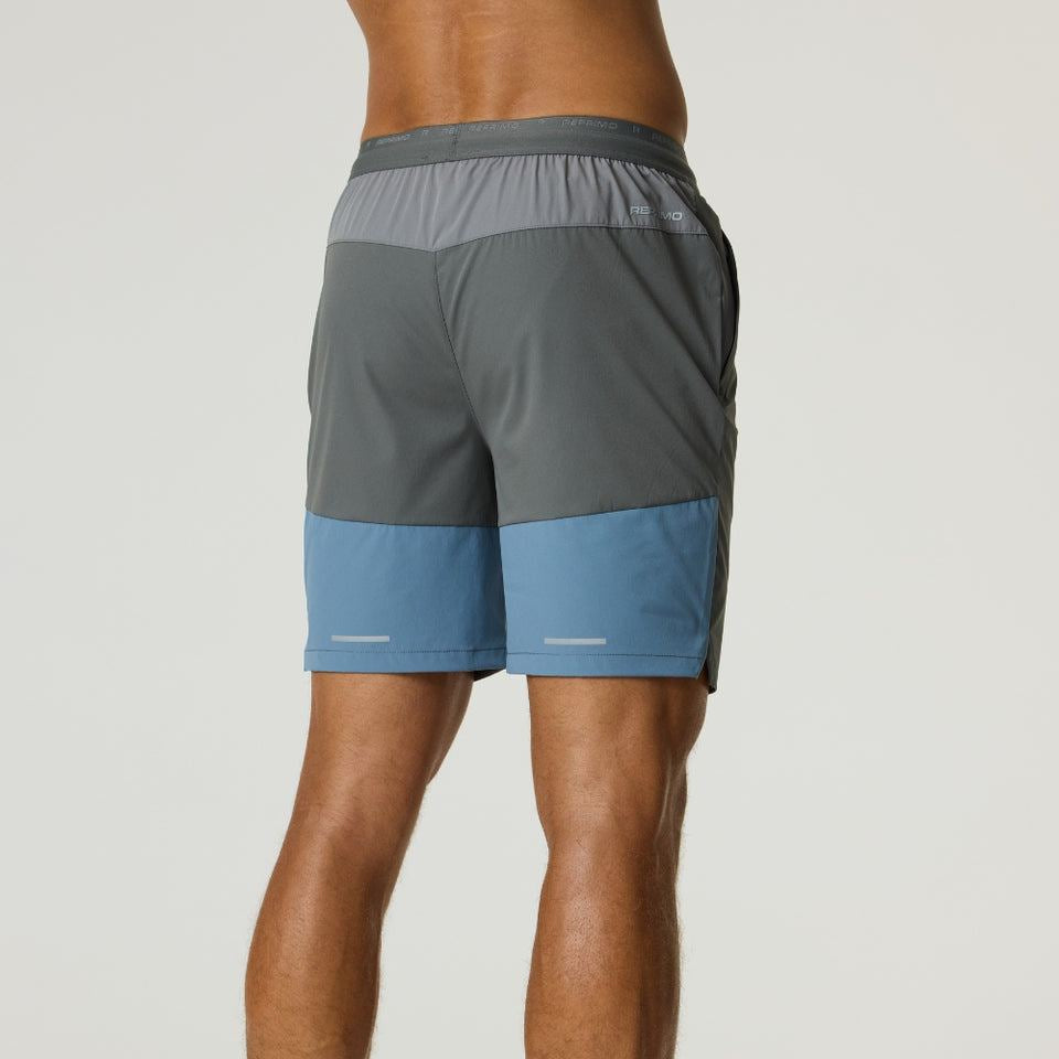 Reprimo Flight Shorts in Air Force Blue and Gunmetal with breathable lightweight fabric and secure zippered pockets for active wear