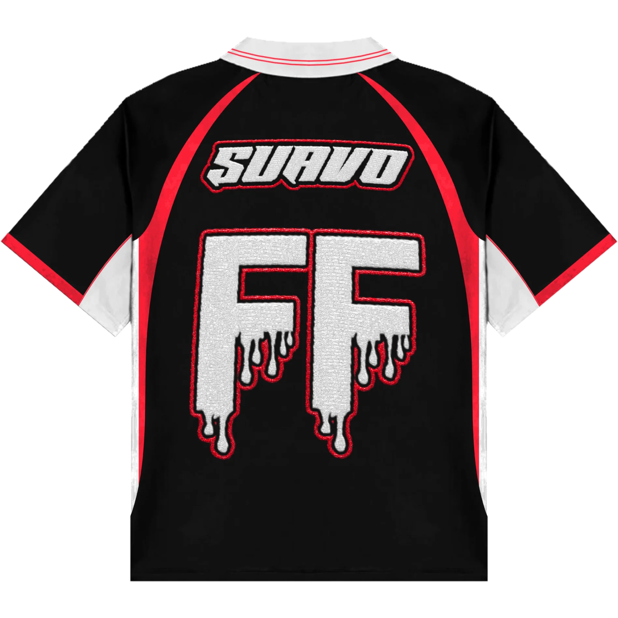 Black Suavo World x Footballer Fits jersey with red and white accents and dripping FF logo on back