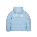Trapstar Irongate Arch reversible light blue puffer jacket with hood and bold logo on back