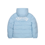 Trapstar Irongate Arch reversible light blue puffer jacket with hood and bold logo on back