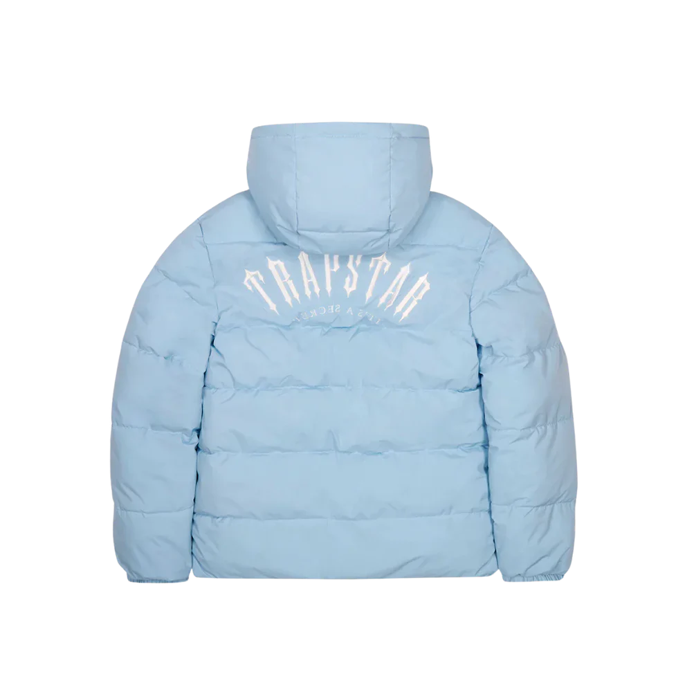 Trapstar Irongate Arch reversible light blue puffer jacket with hood and bold logo on back