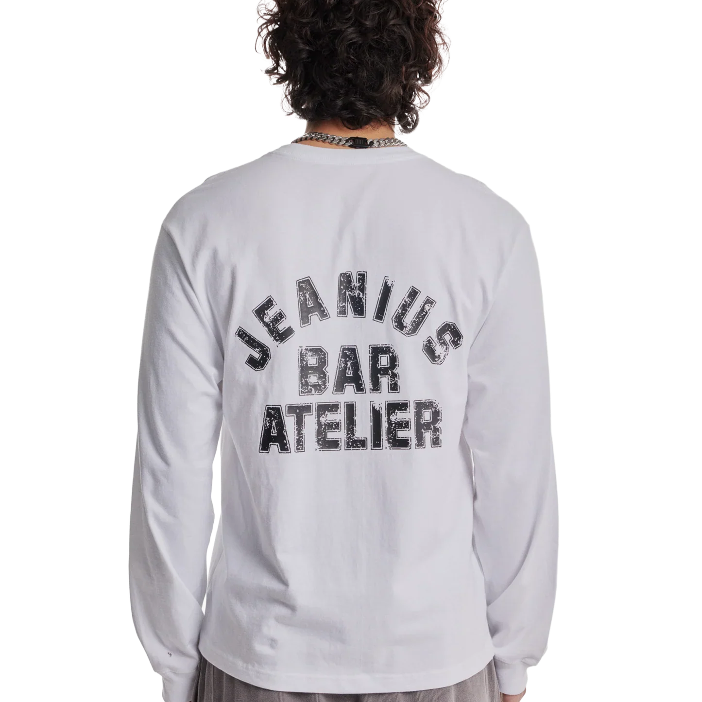 Jeanius Bar Atelier varsity long sleeve white and black T-shirt with relaxed fit and vintage wash
