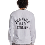 Jeanius Bar Atelier varsity long sleeve white and black T-shirt with relaxed fit and vintage wash
