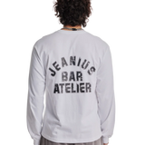 Jeanius Bar Atelier varsity long sleeve white and black T-shirt with relaxed fit and vintage wash