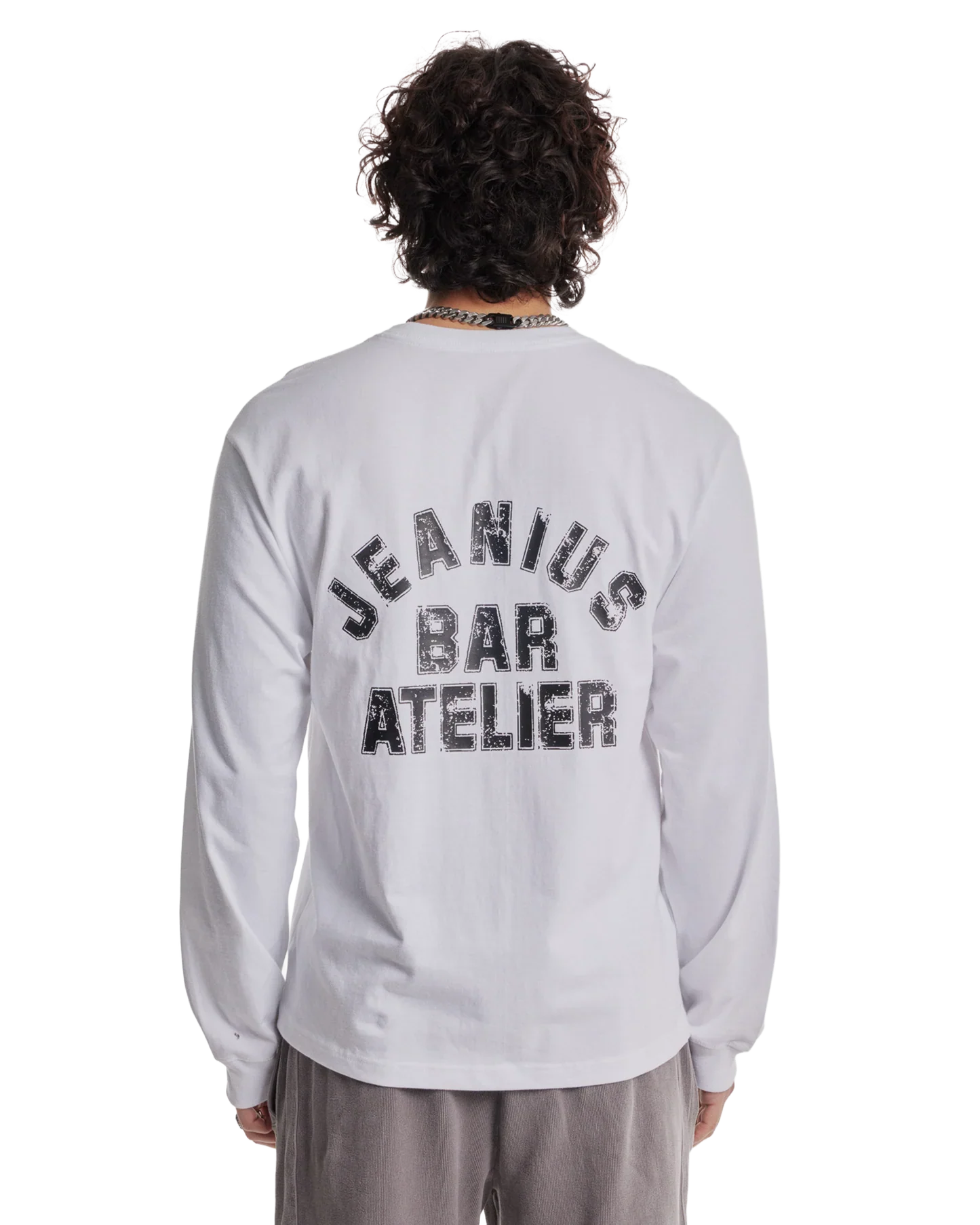 Jeanius Bar Atelier varsity long sleeve white and black T-shirt with relaxed fit and vintage wash