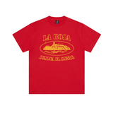 Corteiz Spain Alcatraz Tee in red displayed on a hanger