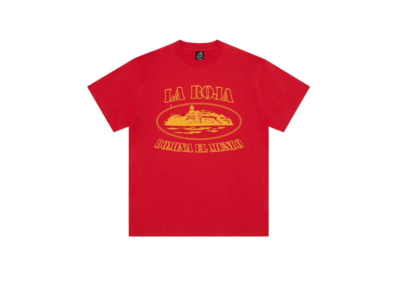 Corteiz Spain Alcatraz Tee in red displayed on a hanger