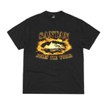 Corteiz x Santan black tee with orange flame Alcatraz design