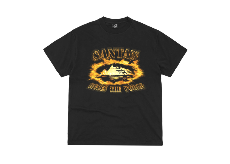 Corteiz x Santan black tee with orange flame Alcatraz design
