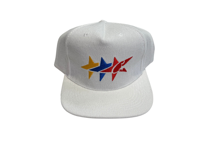 Corteiz C-Star Corduroy Trucker Hat in White with colorful logo design.